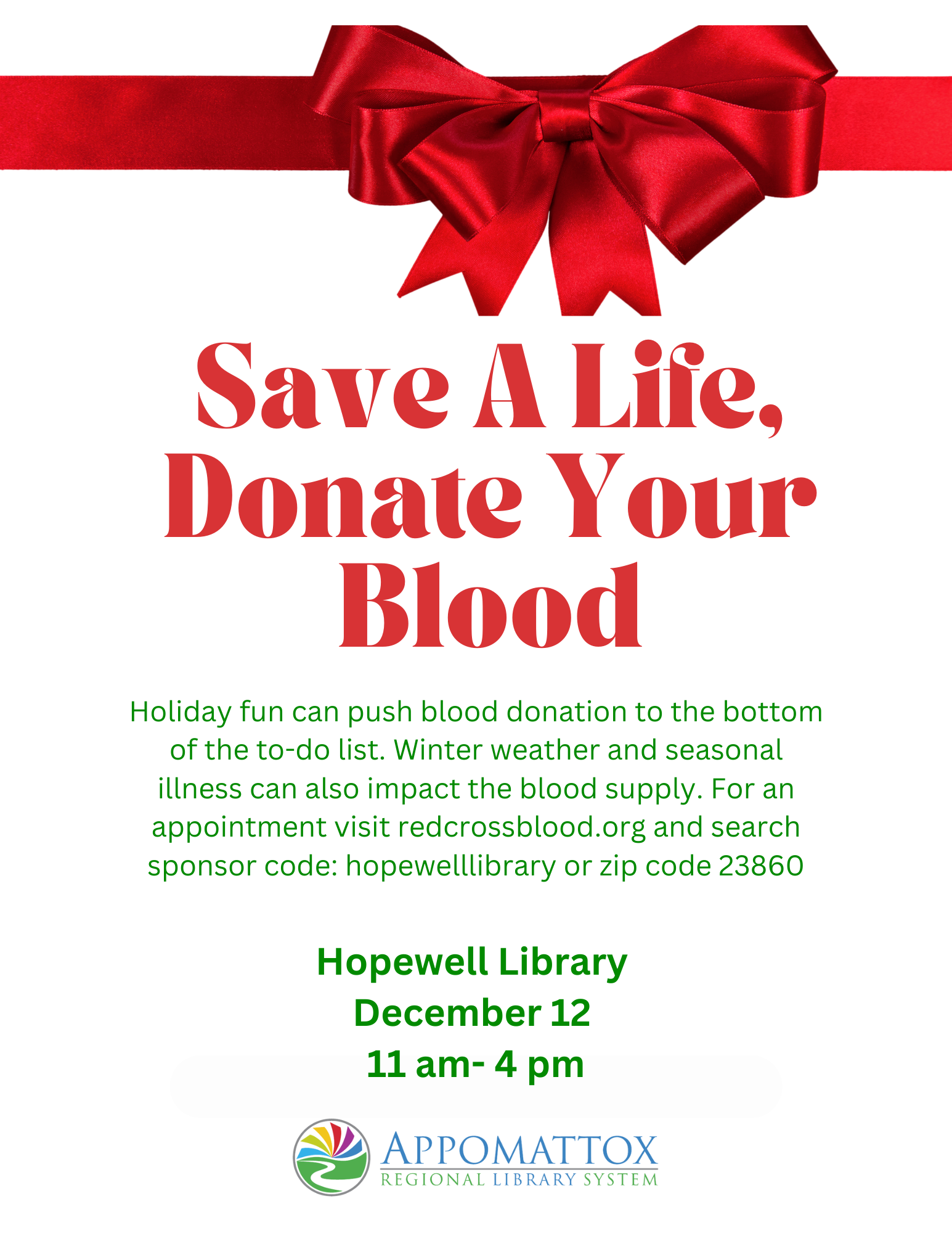 Blood Drive Hopewell Library Dec.12 11 am- 4 pm