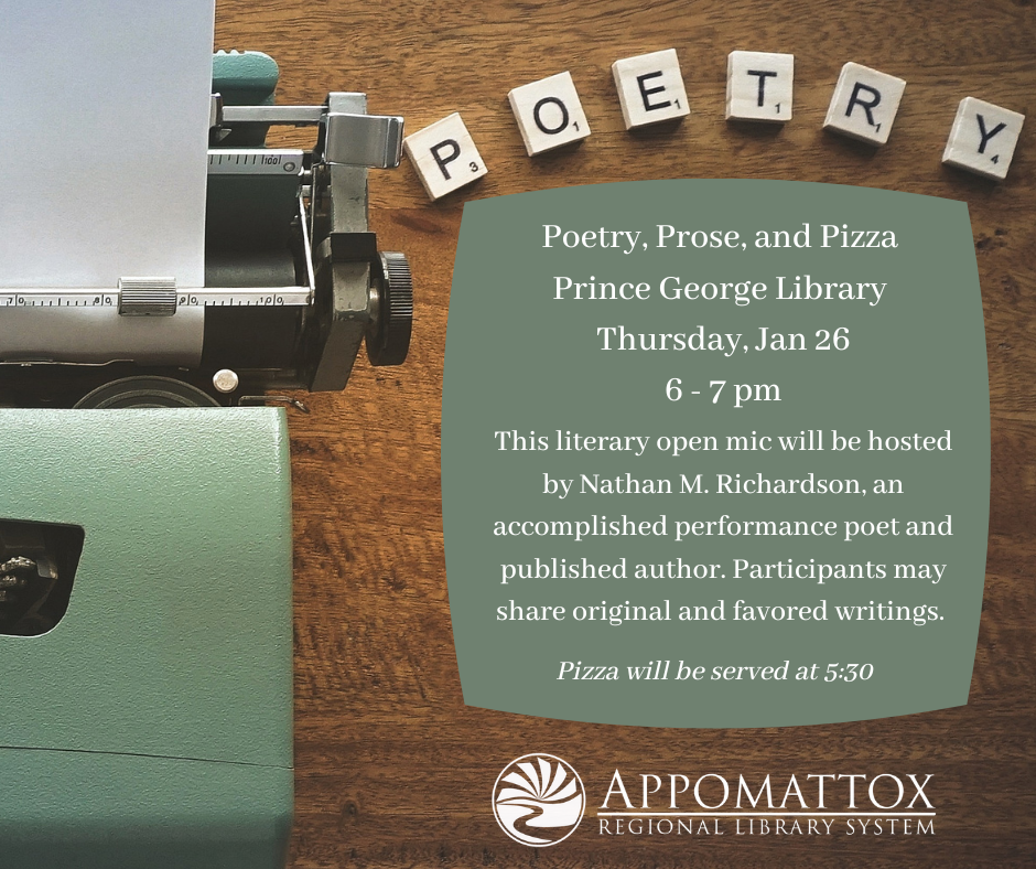 Poetry, Prose, and Pizza at the Prince George Library Thursday, January 26.