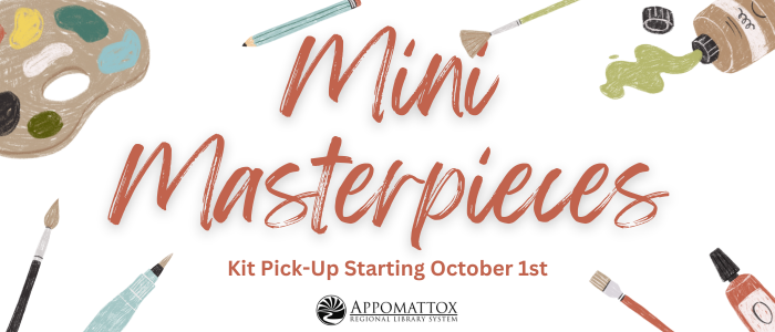 paint brushes, paint tubes, and a palette surround the words Mini Masterpieces