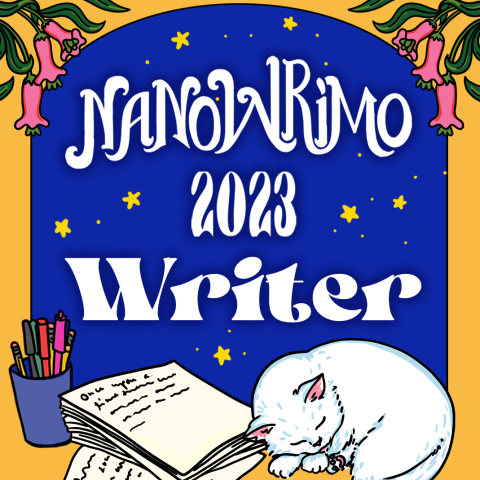 Golden frame with pink flowers at the top.  There is a white cat in the bottom right side beside a hand written manuscript.  The background has stars.  Words overtop the cat state:  "Nanowrimo 2023 Writer"