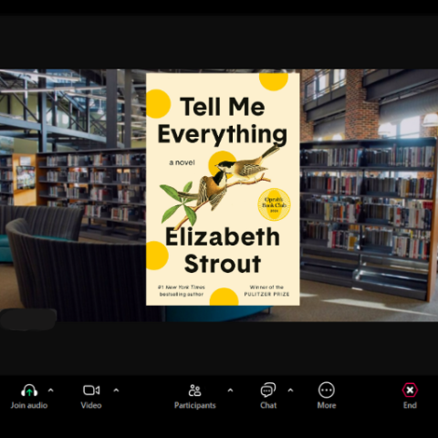 Photo of Zoom screen with book "Tell Me Everything" by Elizabeth Strout