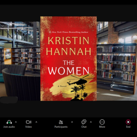 Photo of Zoom screen with book "The Women" by Kristin Hannah