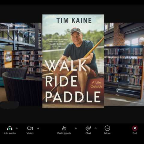 Photo of Zoom screen with book "Walk, Ride, Paddle" by Tim Kaine