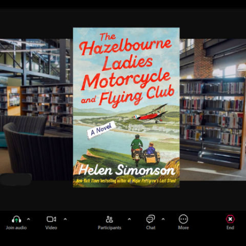 Photo of Zoom screen with book "The Hazelbourne Ladies Motorcycle and Flying Club" by Helen Simonson